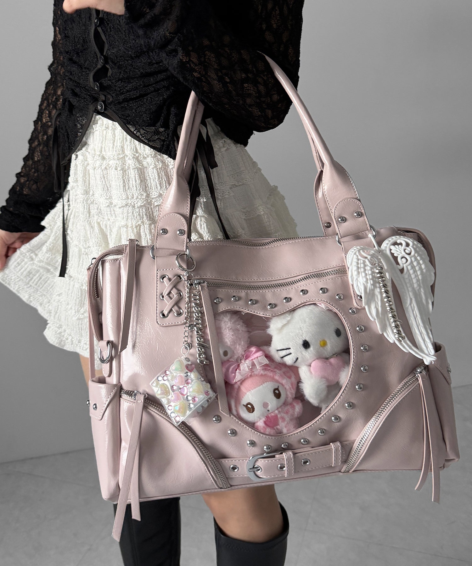 【 限定先行販売 】ハートクリアポケットスタッズフェイクレザートートバッグ / heart clear pocket studs fake leather tote bag