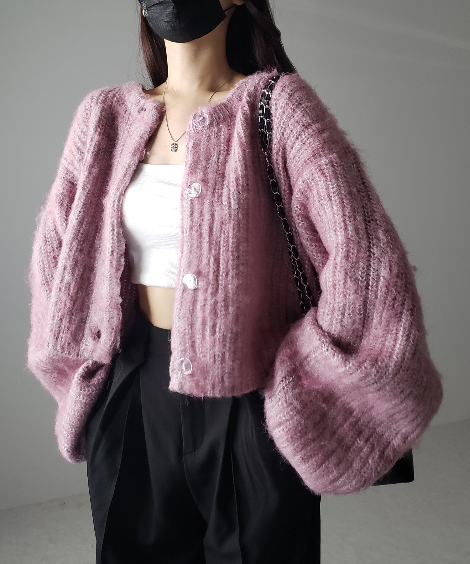 ボリュームワイドスリーブショートシャギーニットカーディガン / volume wide sleeve short shaggy knit cardigan