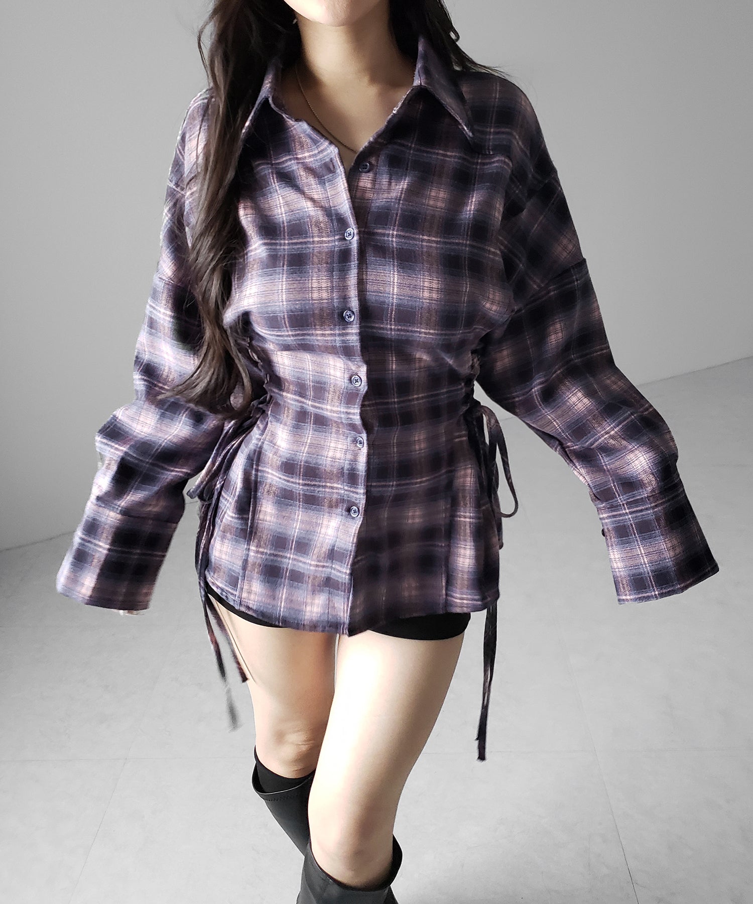 レースアップリボンスリムラインチェックネルシャツ / lace up ribbon slim line check flannel shirt