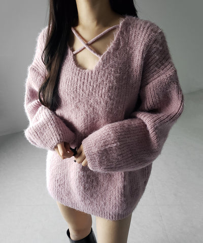 クロスストラップカットアウトルーズシャギーニット