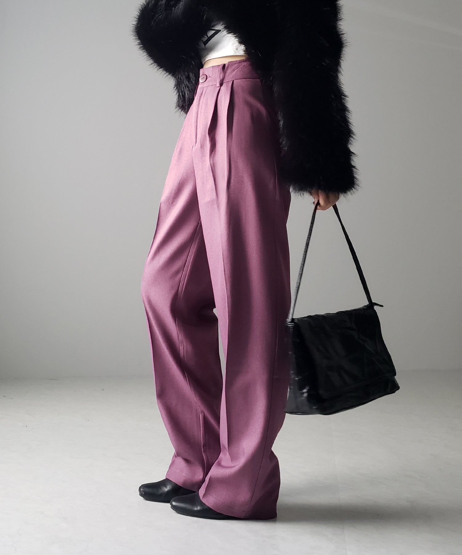 【 秋冬素材で新登場! 】太ベルトハイウエストウールライクカラータックスラックス