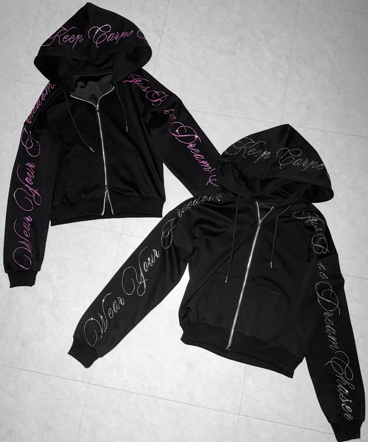 【 セットアップ可能 】ラインストーンロゴダブルジップパーカー / Rhine stone logo double zip hoodie