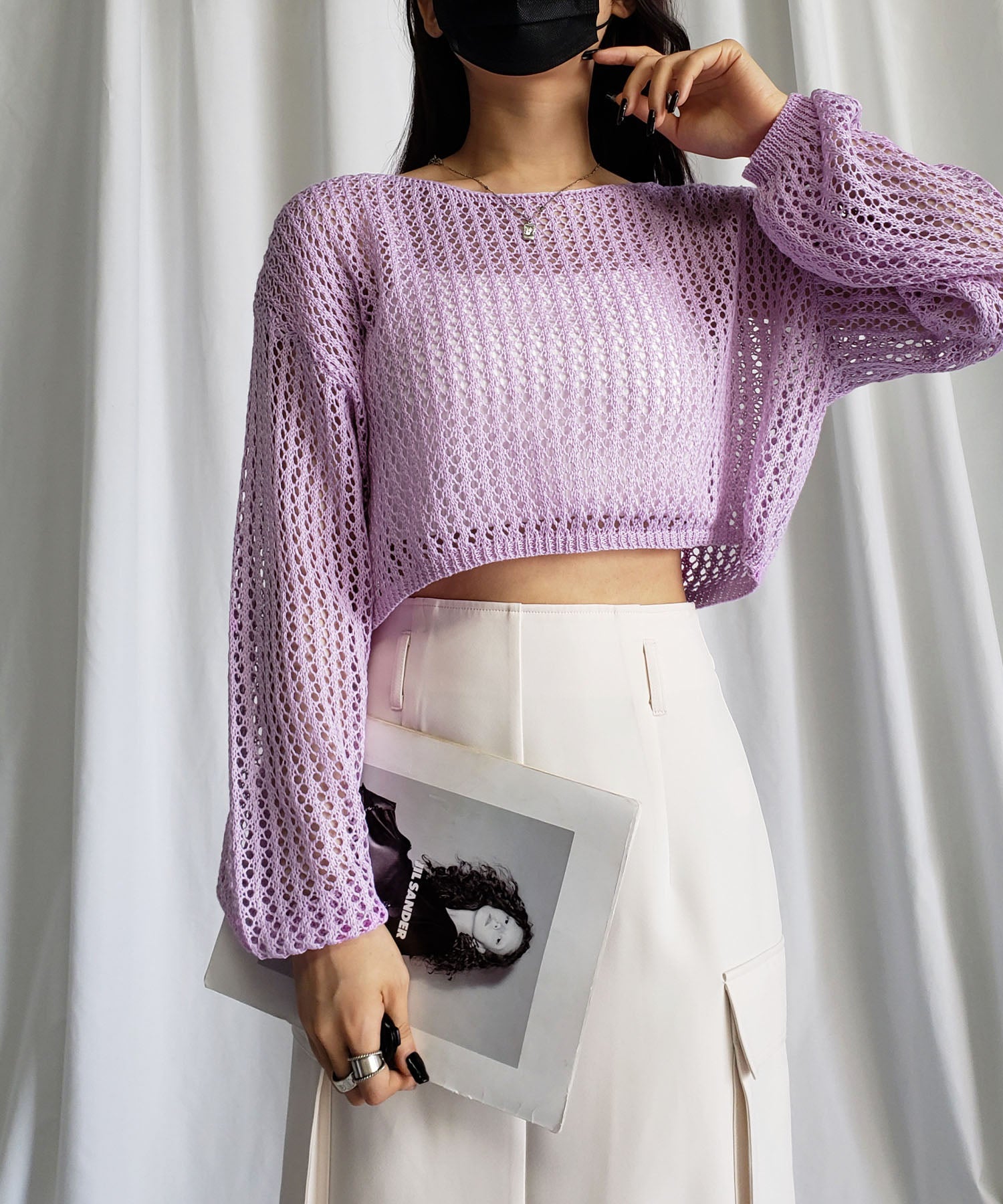 【 7color 】ショート丈メッシュクロシェ透かし編みニット