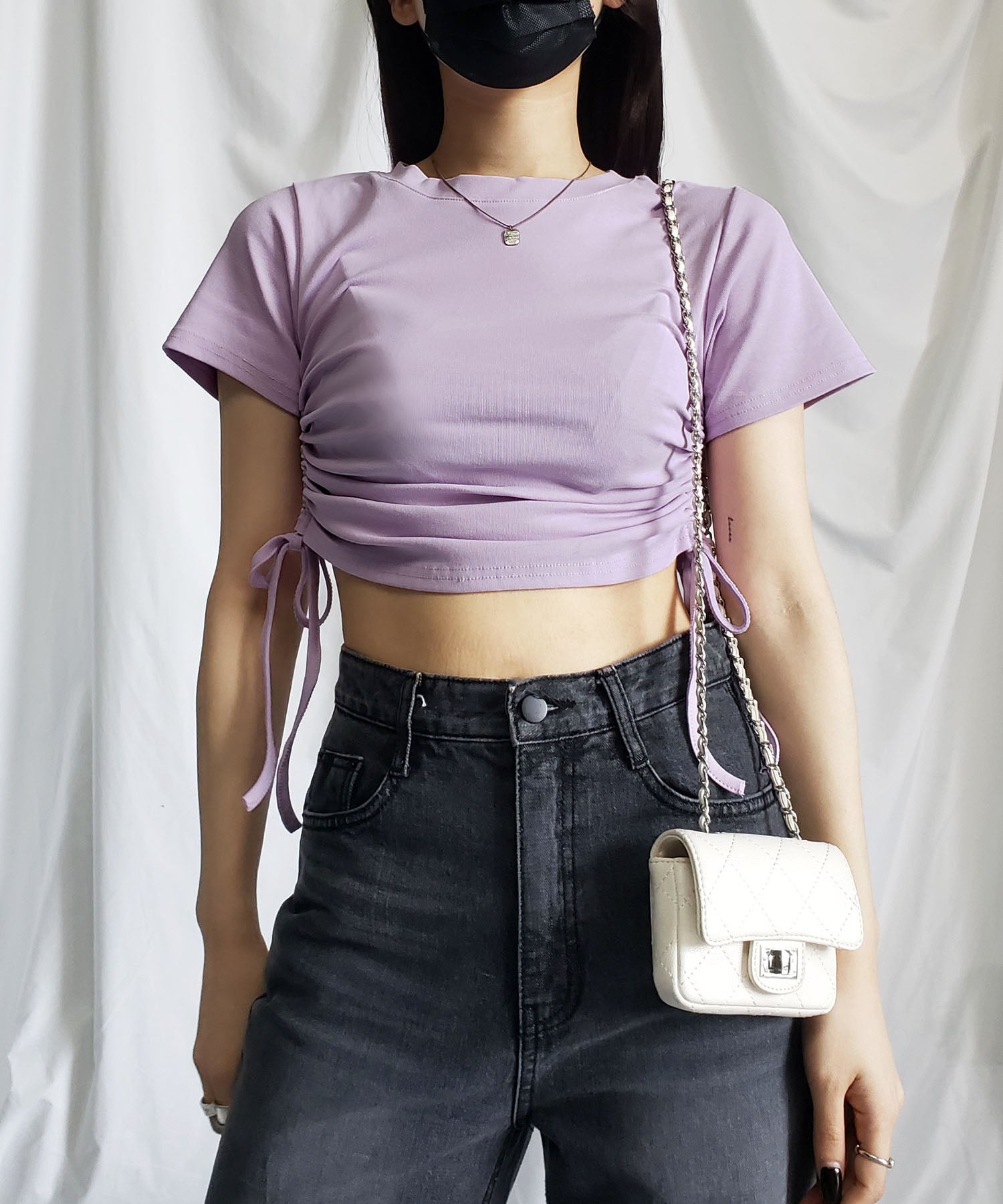 【 8color 】サイドシャーリングリボンショート半袖Tシャツ