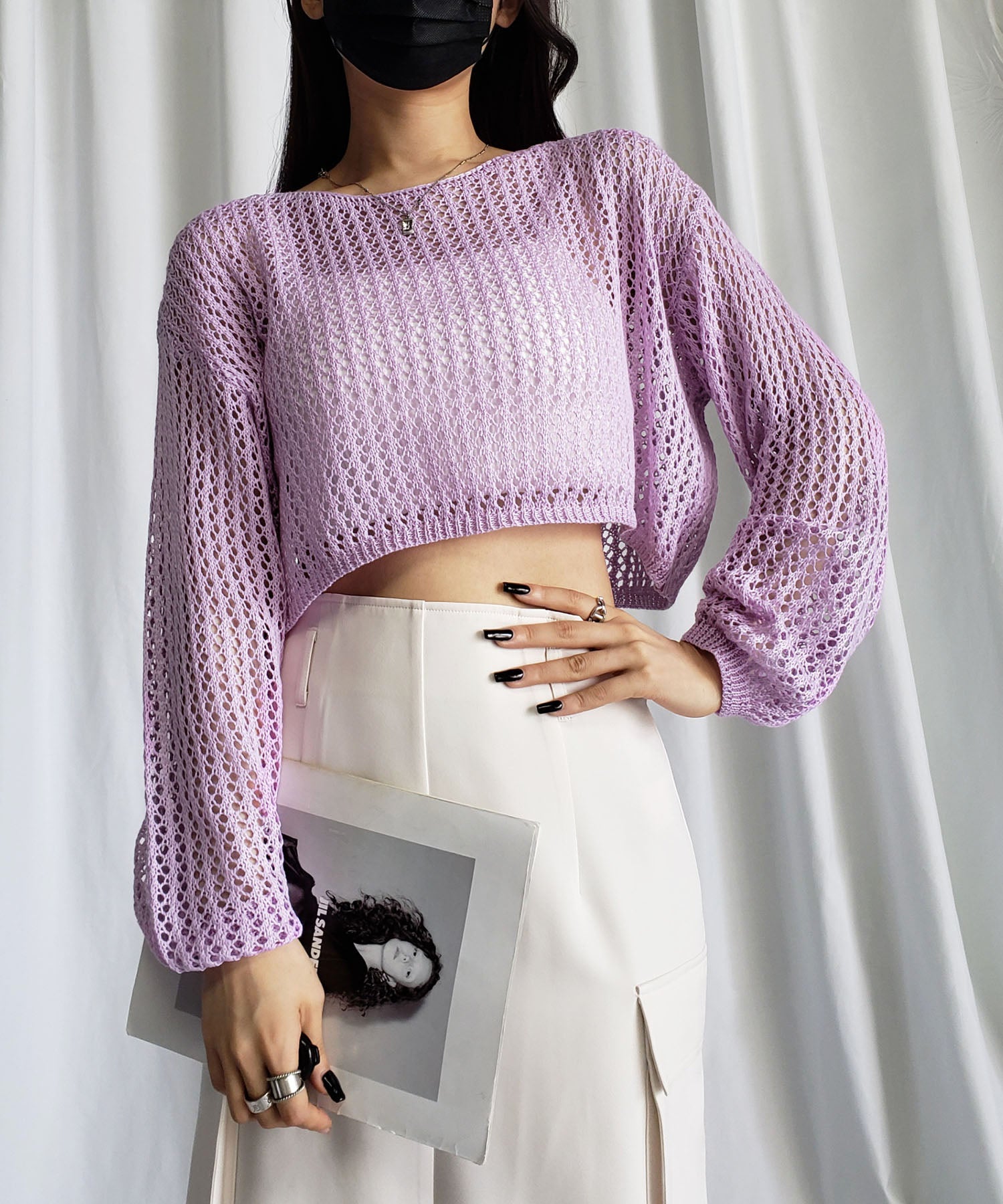 【 7color 】ショート丈メッシュクロシェ透かし編みニット