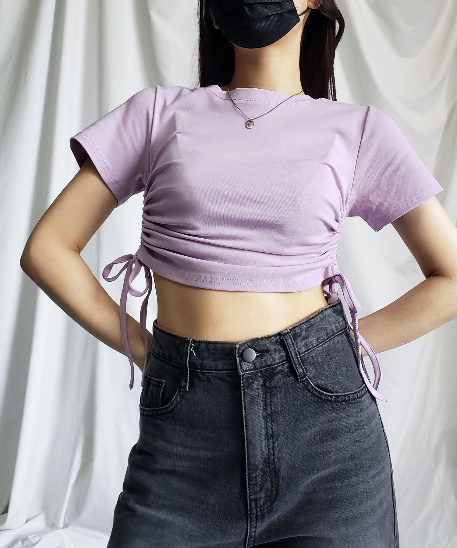 【 8color 】サイドシャーリングリボンショート半袖Tシャツ