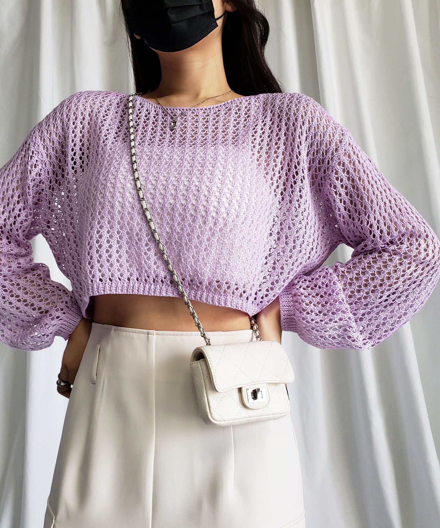 【 7color 】ショート丈メッシュクロシェ透かし編みニット