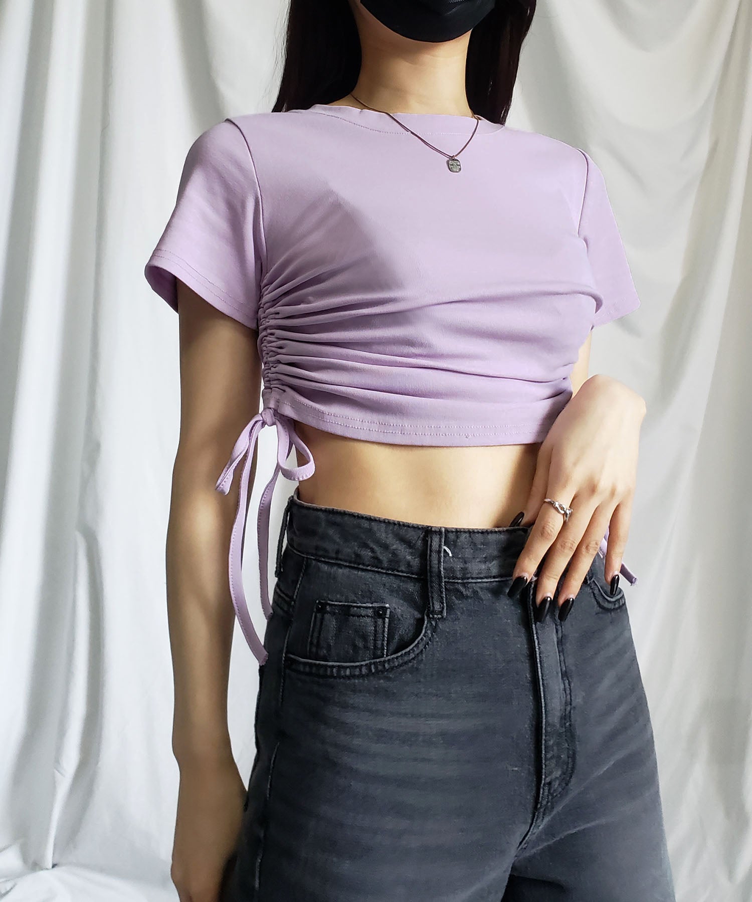 【 8color 】サイドシャーリングリボンショート半袖Tシャツ
