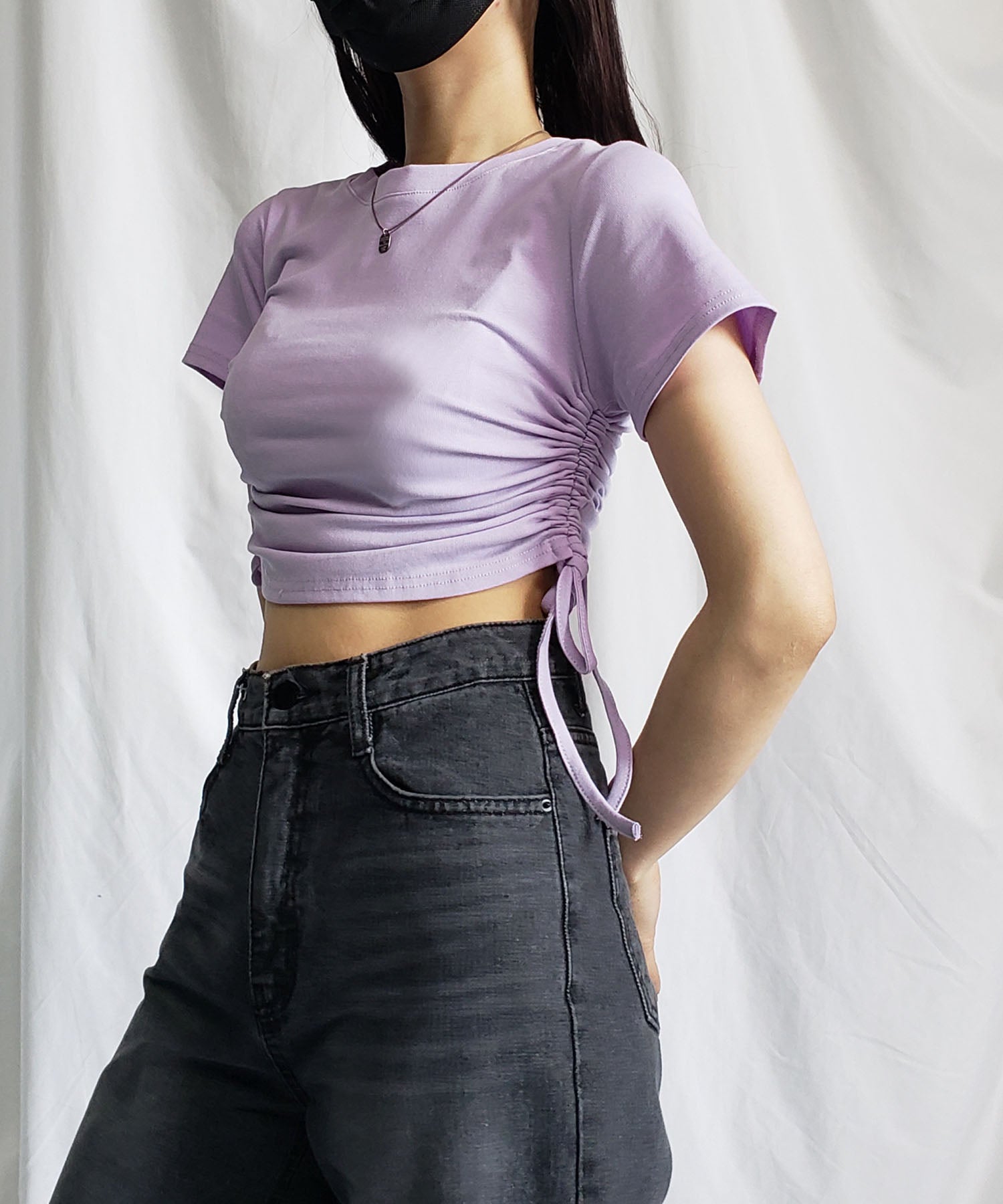 【 8color 】サイドシャーリングリボンショート半袖Tシャツ