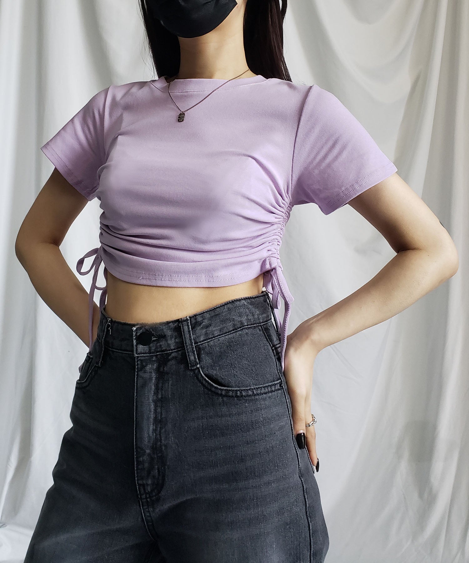 【 8color 】サイドシャーリングリボンショート半袖Tシャツ