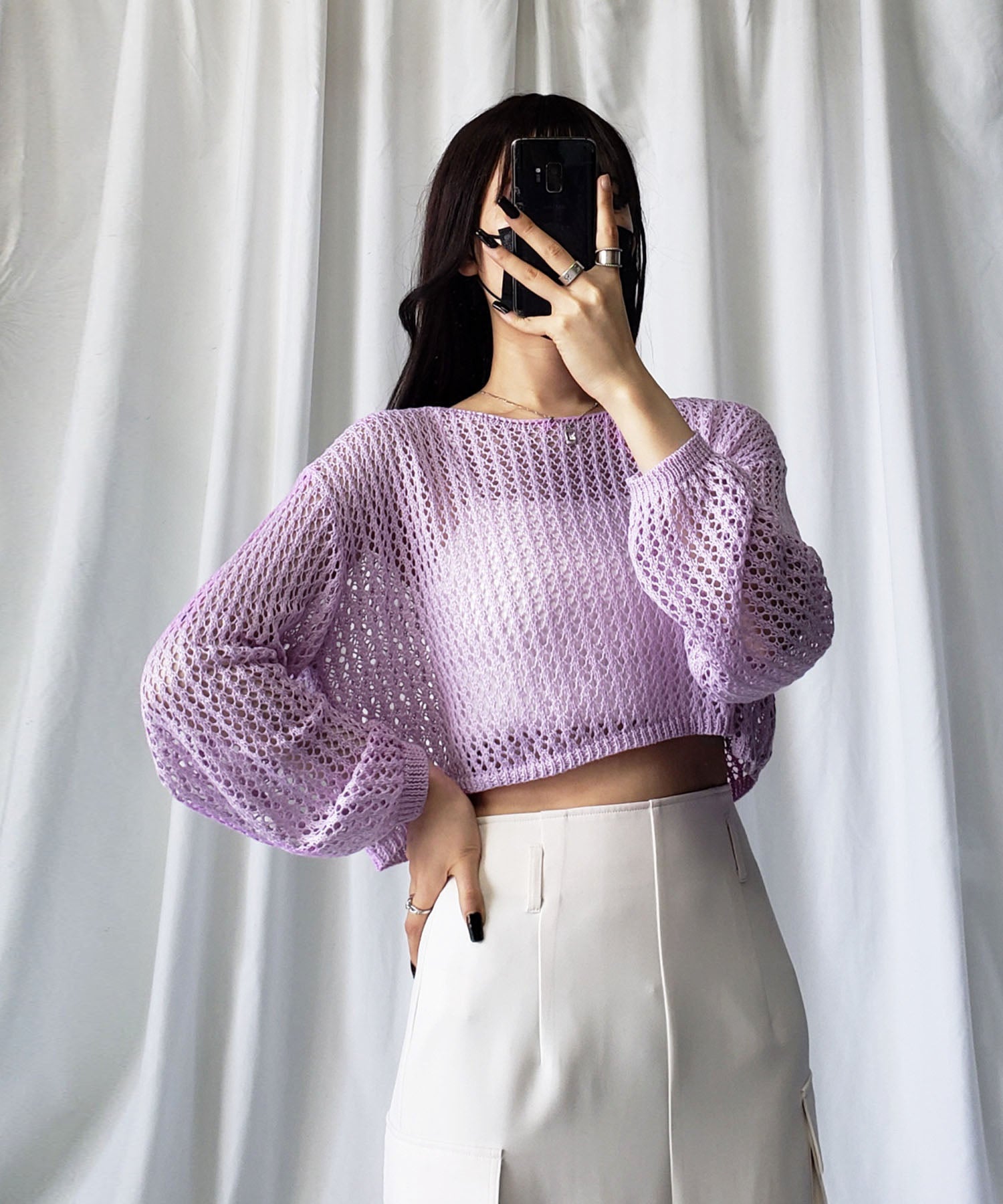 【 7color 】ショート丈メッシュクロシェ透かし編みニット