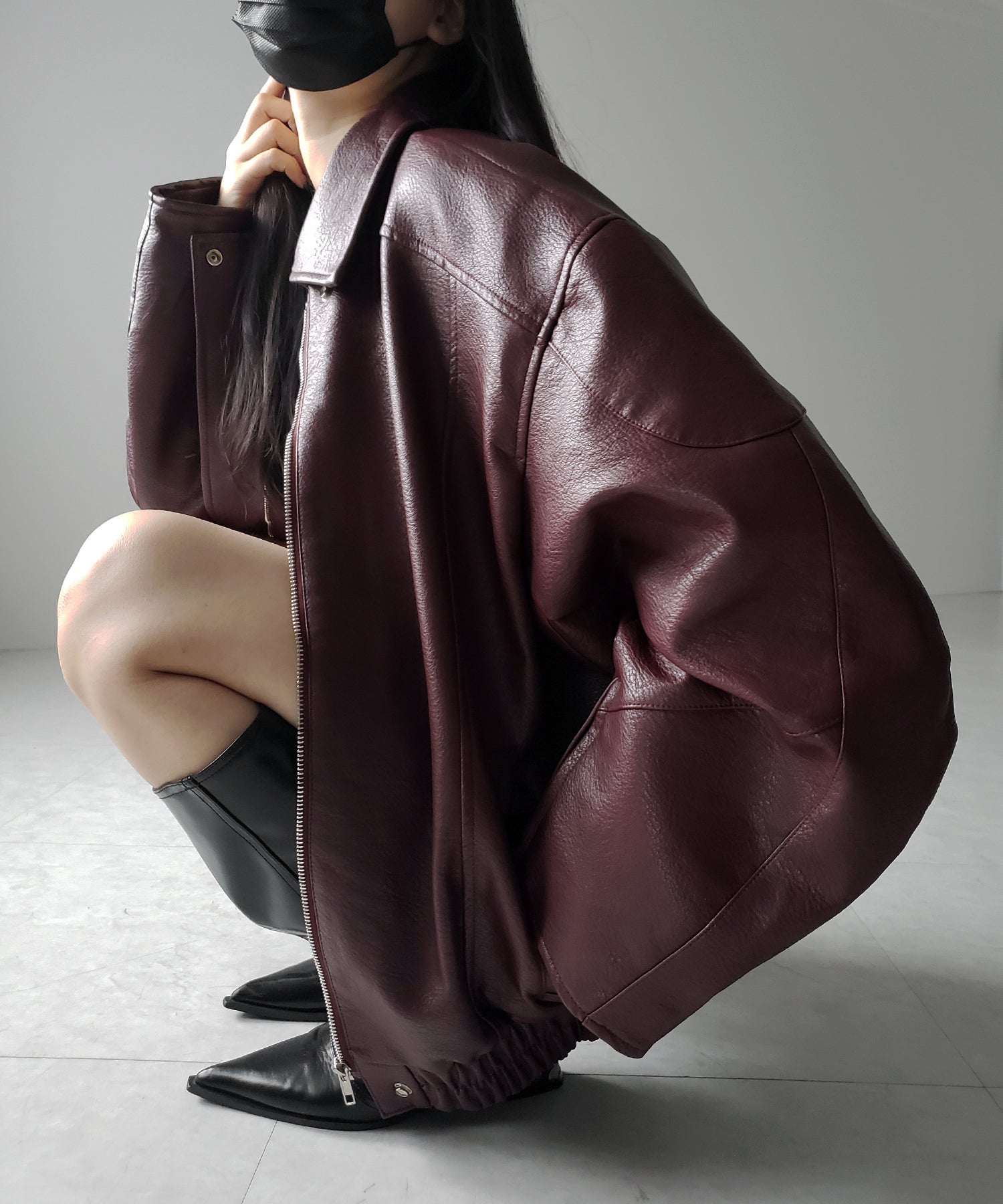 【 2color 】ヴィンテージライクボリュームスリーブフェイクレザーブルゾン / vintage like volume sleeve fake leather blouson