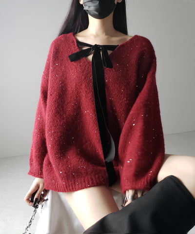 【 2WAY 】ベロアリボンスパングルオーバーニット / velor ribbon spangle over knit