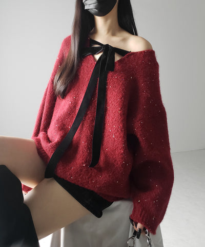 【 2WAY 】ベロアリボンスパングルオーバーニット / velor ribbon spangle over knit
