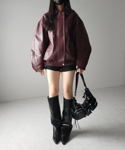【 2color 】ヴィンテージライクボリュームスリーブフェイクレザーブルゾン / vintage like volume sleeve fake leather blouson