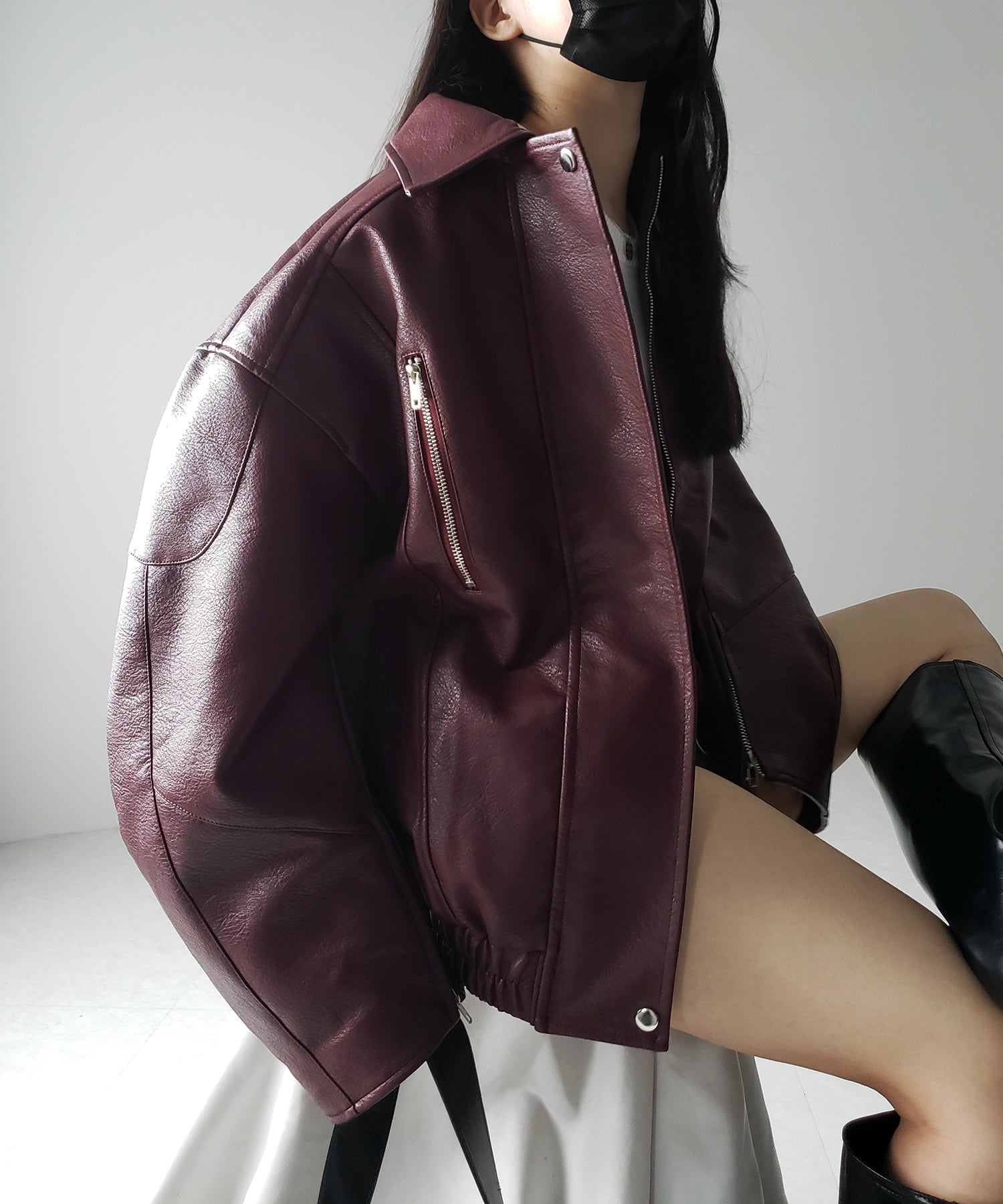 【 2color 】ヴィンテージライクボリュームスリーブフェイクレザーブルゾン / vintage like volume sleeve fake leather blouson