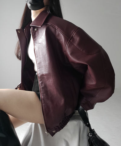【 2color 】ヴィンテージライクボリュームスリーブフェイクレザーブルゾン / vintage like volume sleeve fake leather blouson