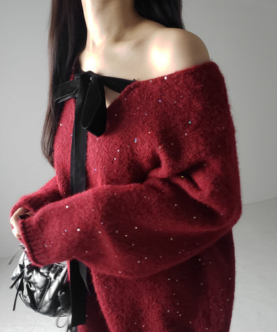 【 2WAY 】ベロアリボンスパングルオーバーニット / velor ribbon spangle over knit
