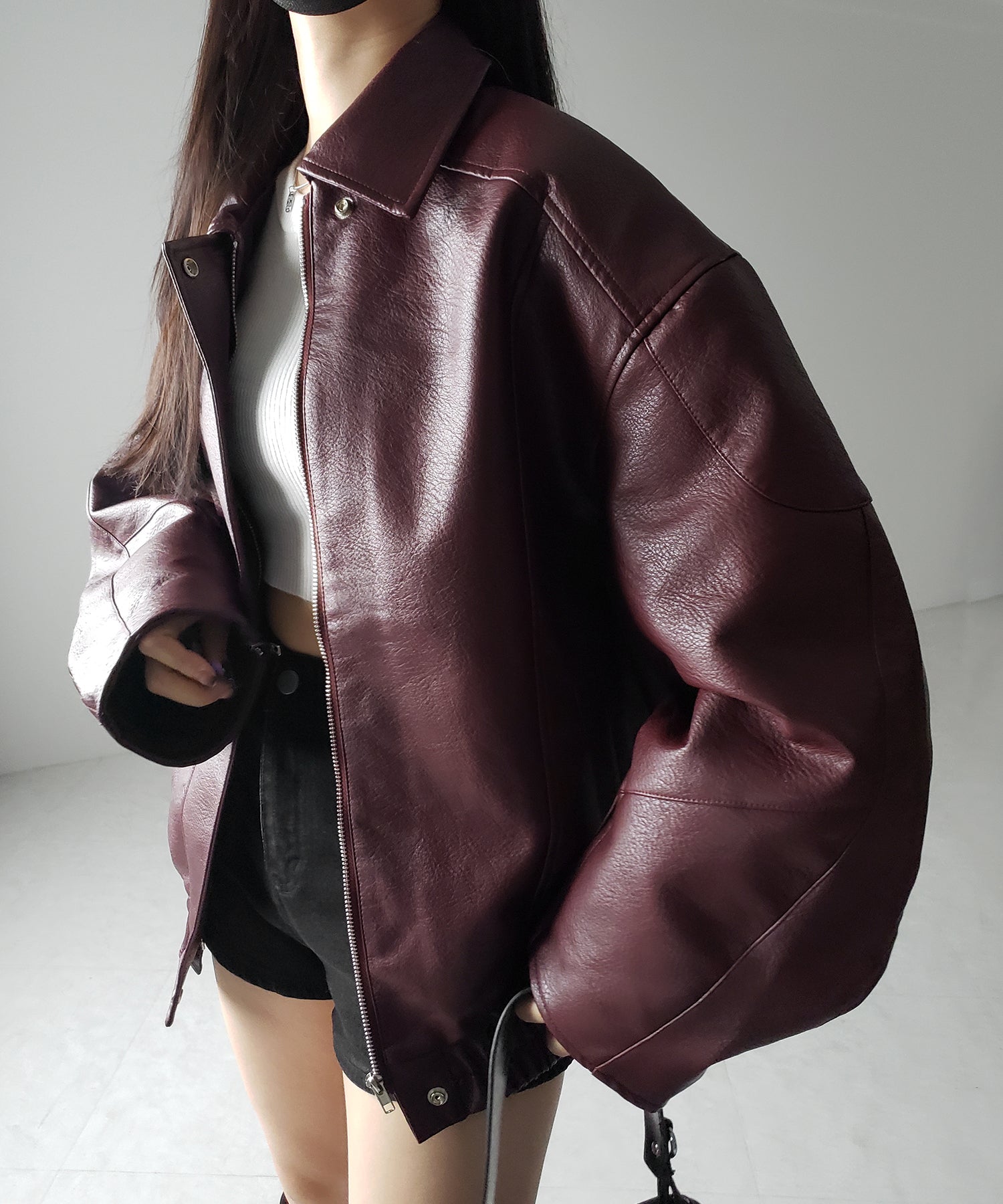 【 2color 】ヴィンテージライクボリュームスリーブフェイクレザーブルゾン / vintage like volume sleeve fake leather blouson