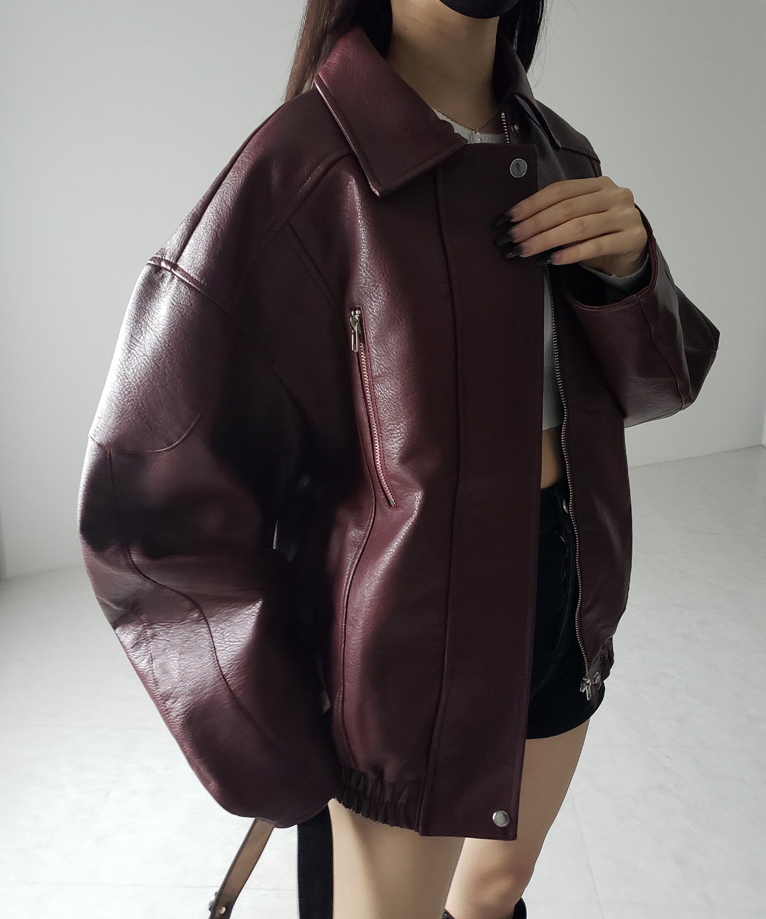 【 2color 】ヴィンテージライクボリュームスリーブフェイクレザーブルゾン / vintage like volume sleeve fake leather blouson