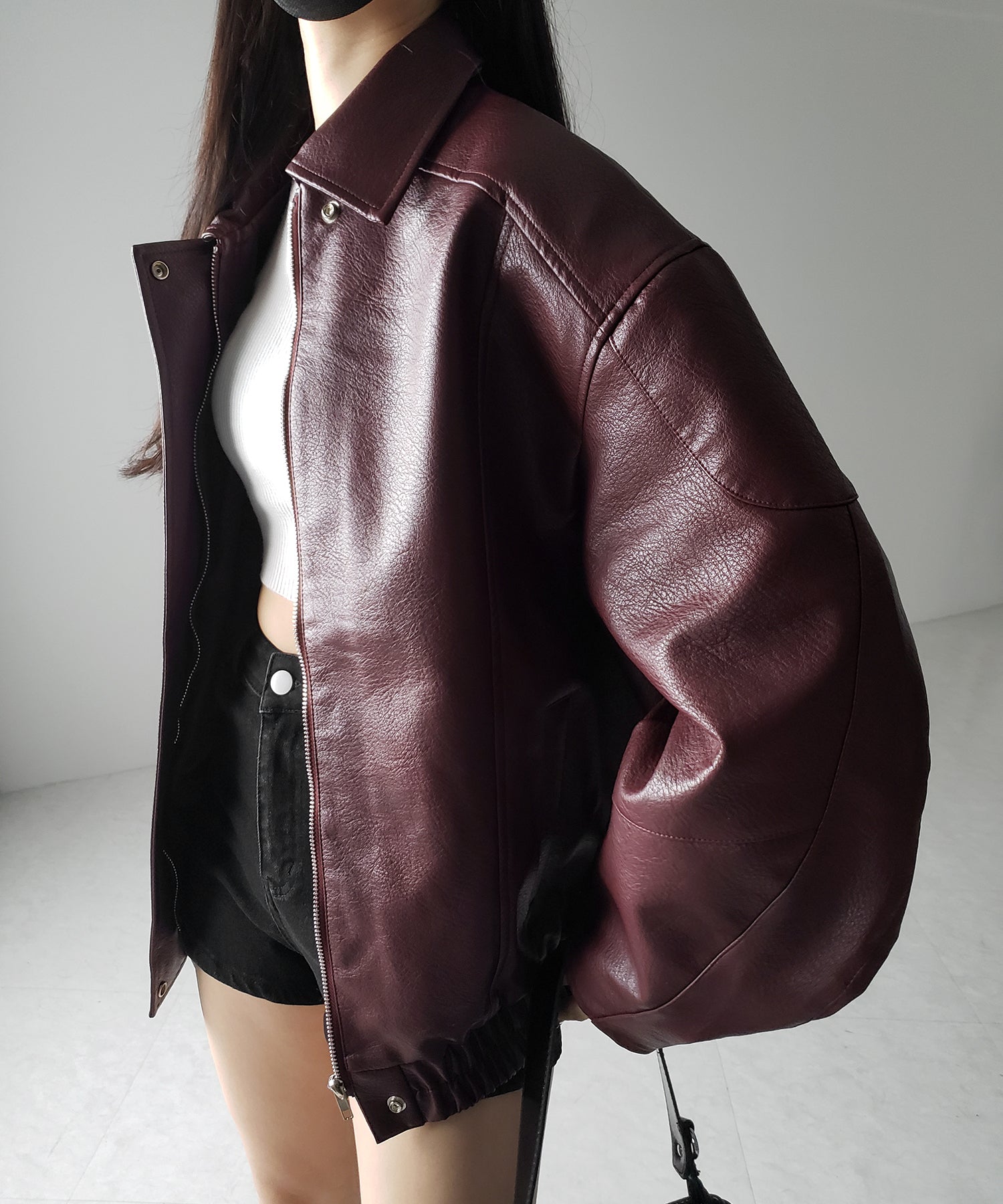 【 2color 】ヴィンテージライクボリュームスリーブフェイクレザーブルゾン / vintage like volume sleeve fake leather blouson