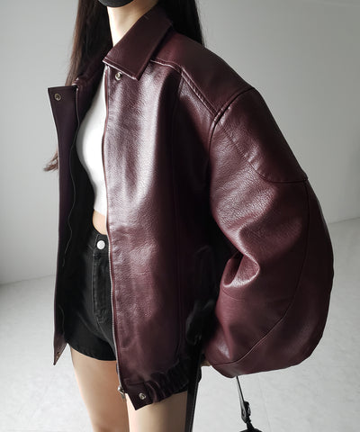 【 2color 】ヴィンテージライクボリュームスリーブフェイクレザーブルゾン / vintage like volume sleeve fake leather blouson