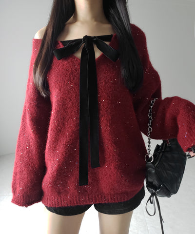 【 2WAY 】ベロアリボンスパングルオーバーニット / velor ribbon spangle over knit