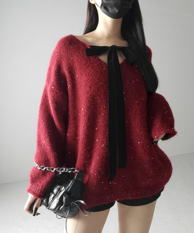 【 2WAY 】ベロアリボンスパングルオーバーニット / velor ribbon spangle over knit