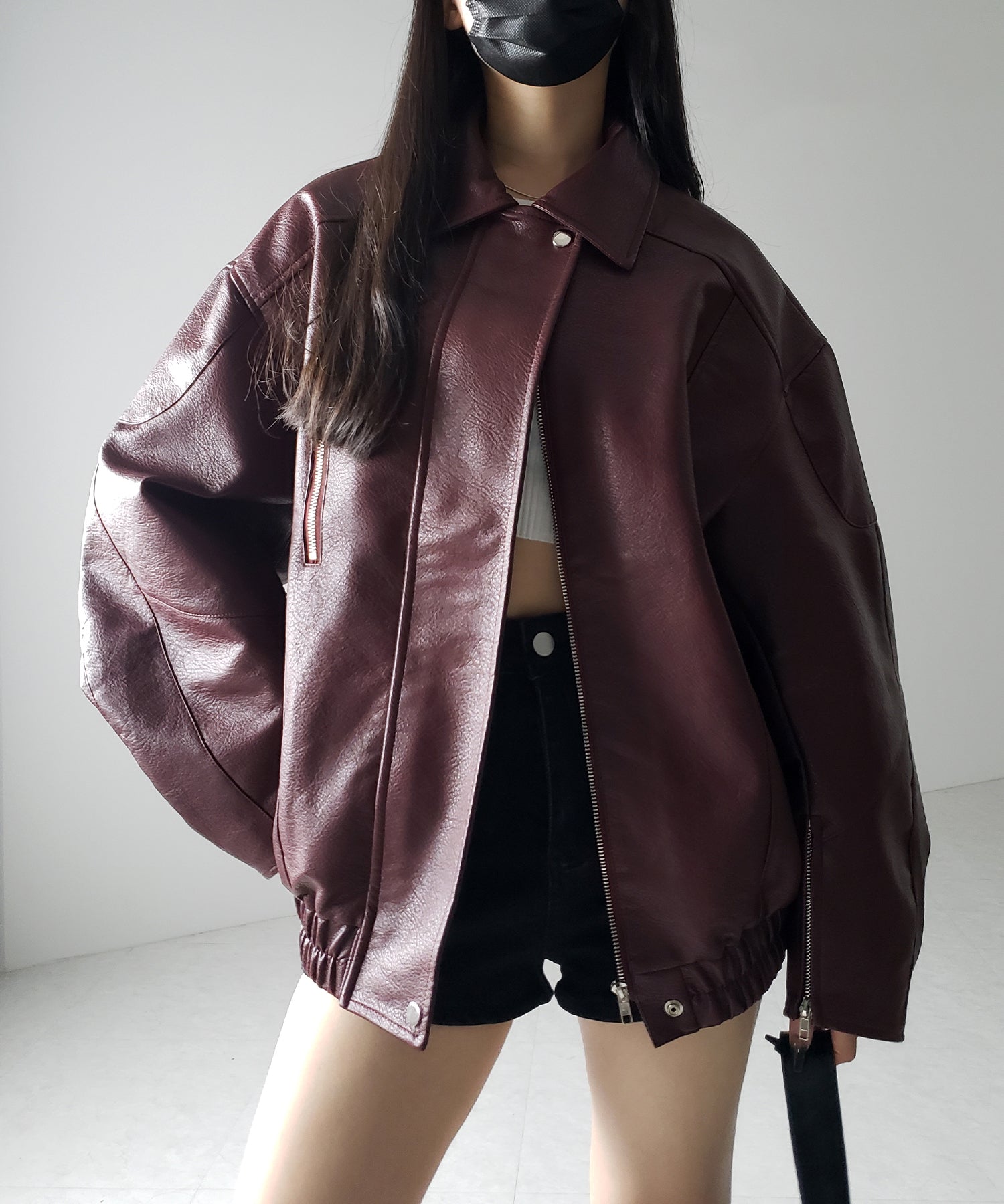 【 2color 】ヴィンテージライクボリュームスリーブフェイクレザーブルゾン / vintage like volume sleeve fake leather blouson