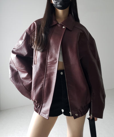 【 2color 】ヴィンテージライクボリュームスリーブフェイクレザーブルゾン / vintage like volume sleeve fake leather blouson