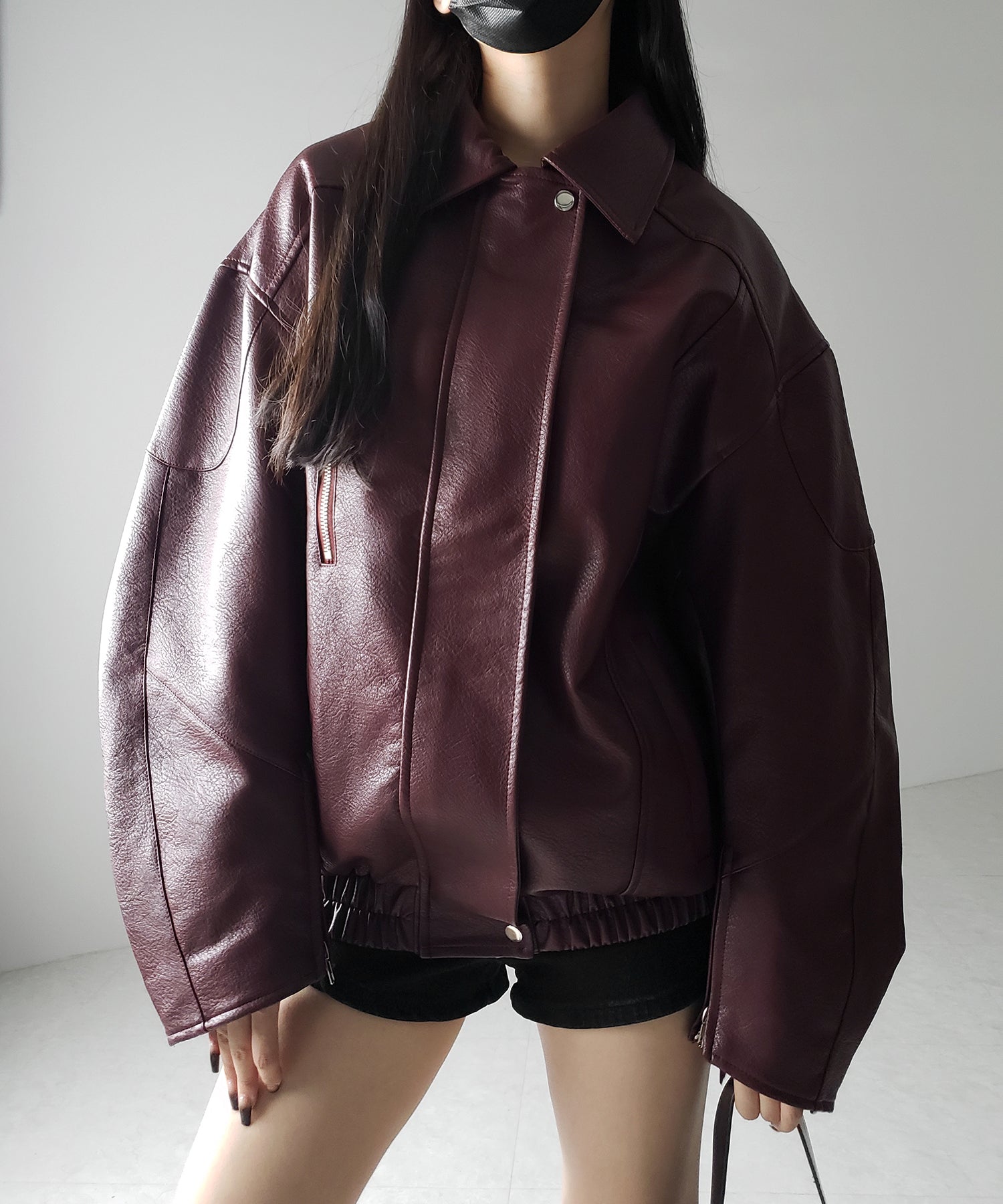 【 2color 】ヴィンテージライクボリュームスリーブフェイクレザーブルゾン / vintage like volume sleeve fake leather blouson