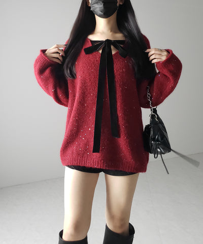 【 2WAY 】ベロアリボンスパングルオーバーニット / velor ribbon spangle over knit