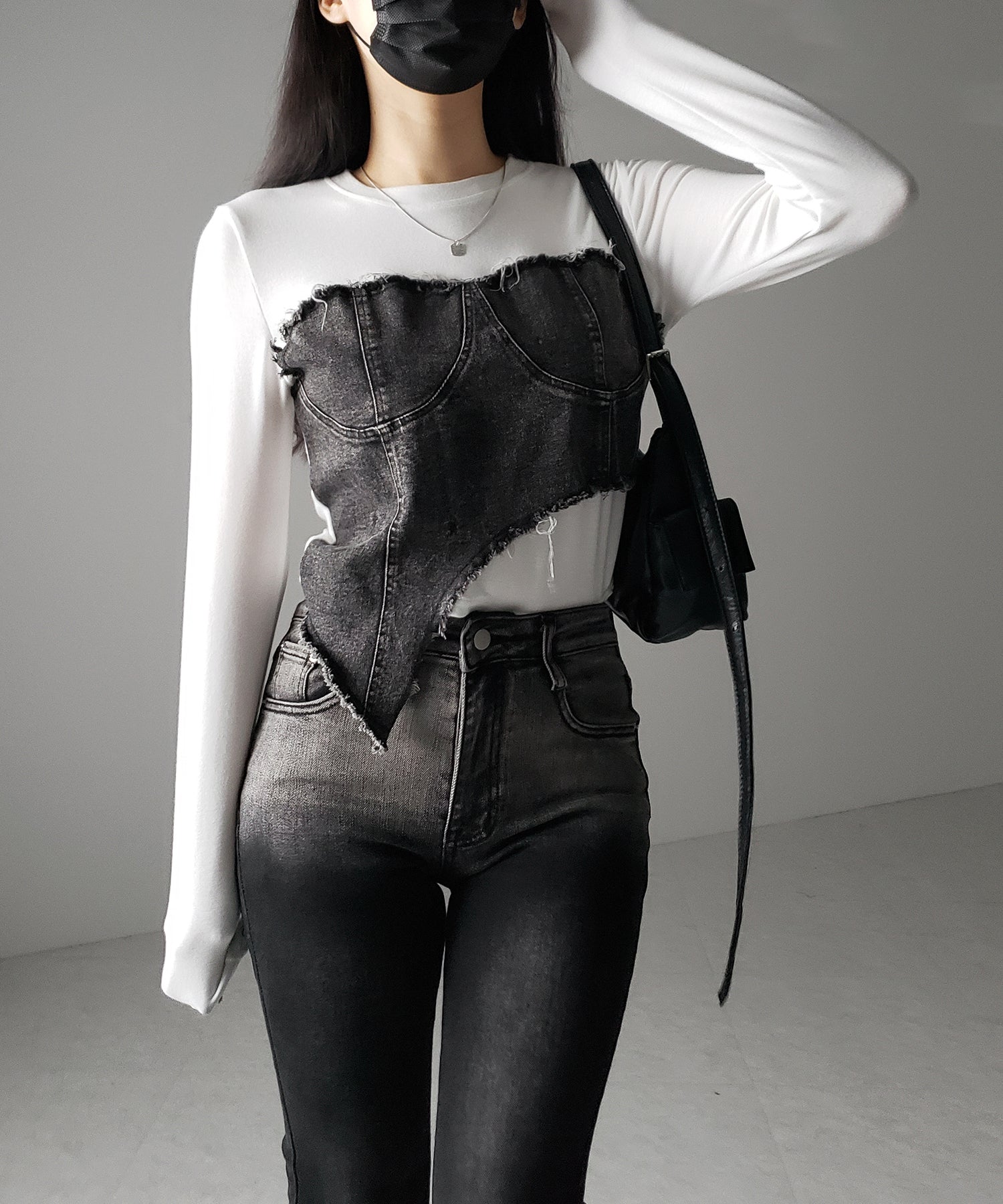 【 2color 】ダメージデニムビスチェドッキングTシャツ / damage denim bustier docking Tee