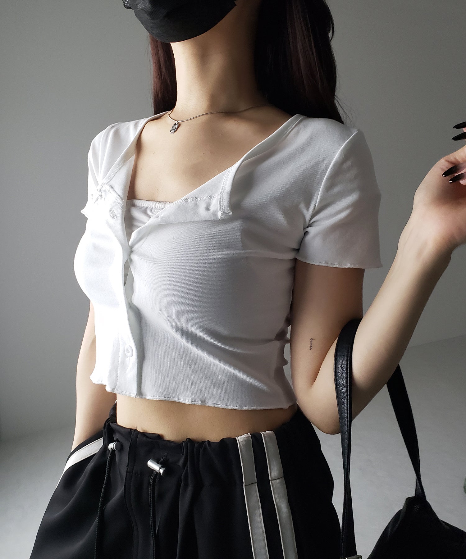 【 3color 】フロントボタン半袖メローショートTシャツ / front button mellow short Tee