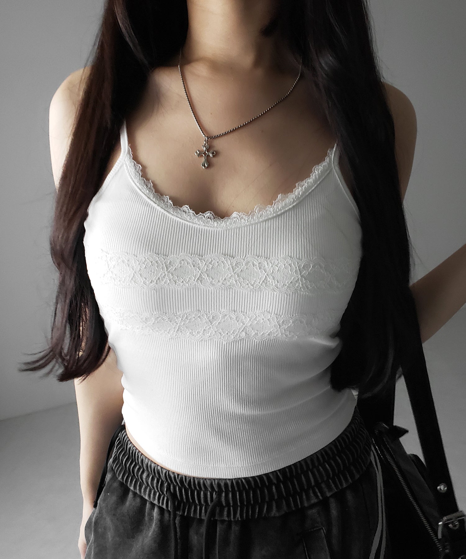 【 3color 】ダブルレース切替リブキャミソール / double lace switching ribbed camisole