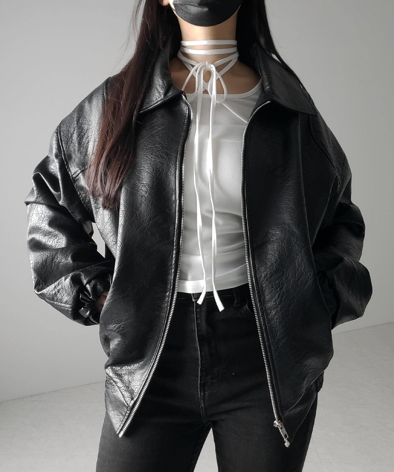 【 3color 】クロスストラップロングチョーカーリボントップス / cross strap long choker ribbon tops