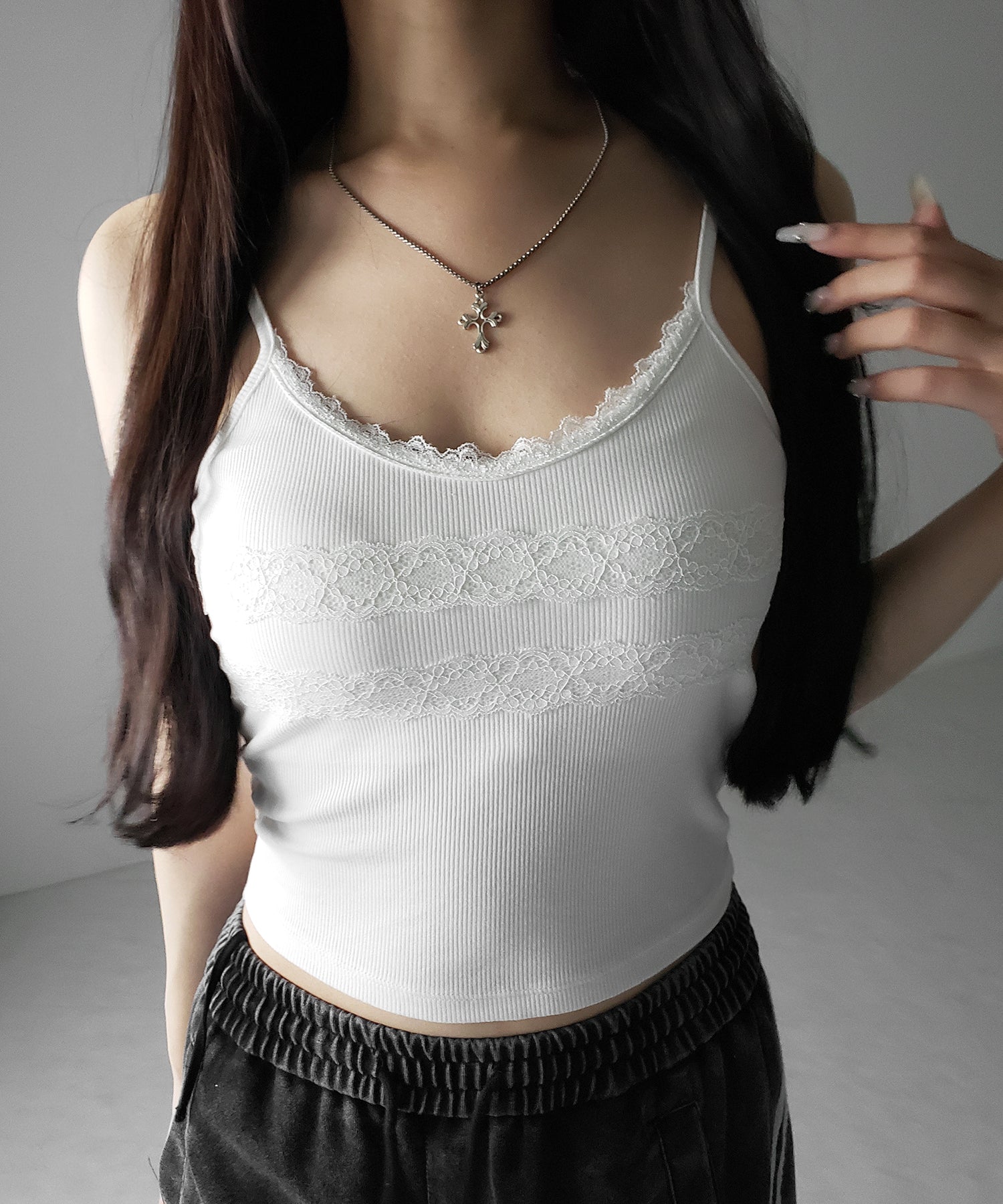 【 3color 】ダブルレース切替リブキャミソール / double lace switching ribbed camisole