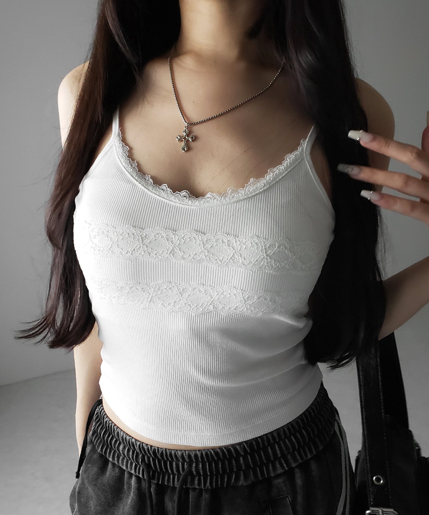 【 3color 】ダブルレース切替リブキャミソール / double lace switching ribbed camisole