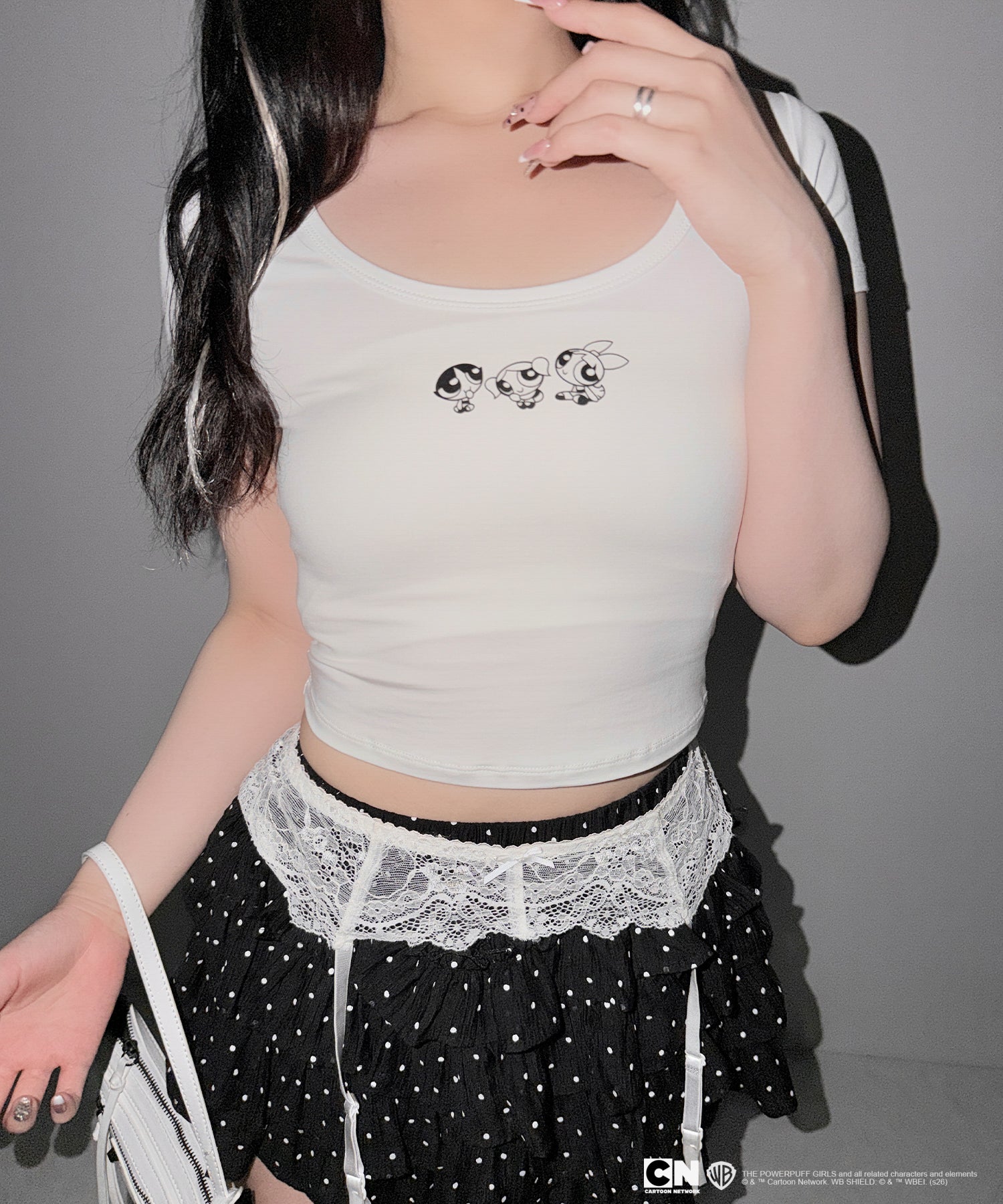 【THE POWERPUFF GIRLS】パワーパフガールズミニプリントスクエアネックショートTシャツ /mini print square neck short T-shirt【 セットアップ着用可能 】