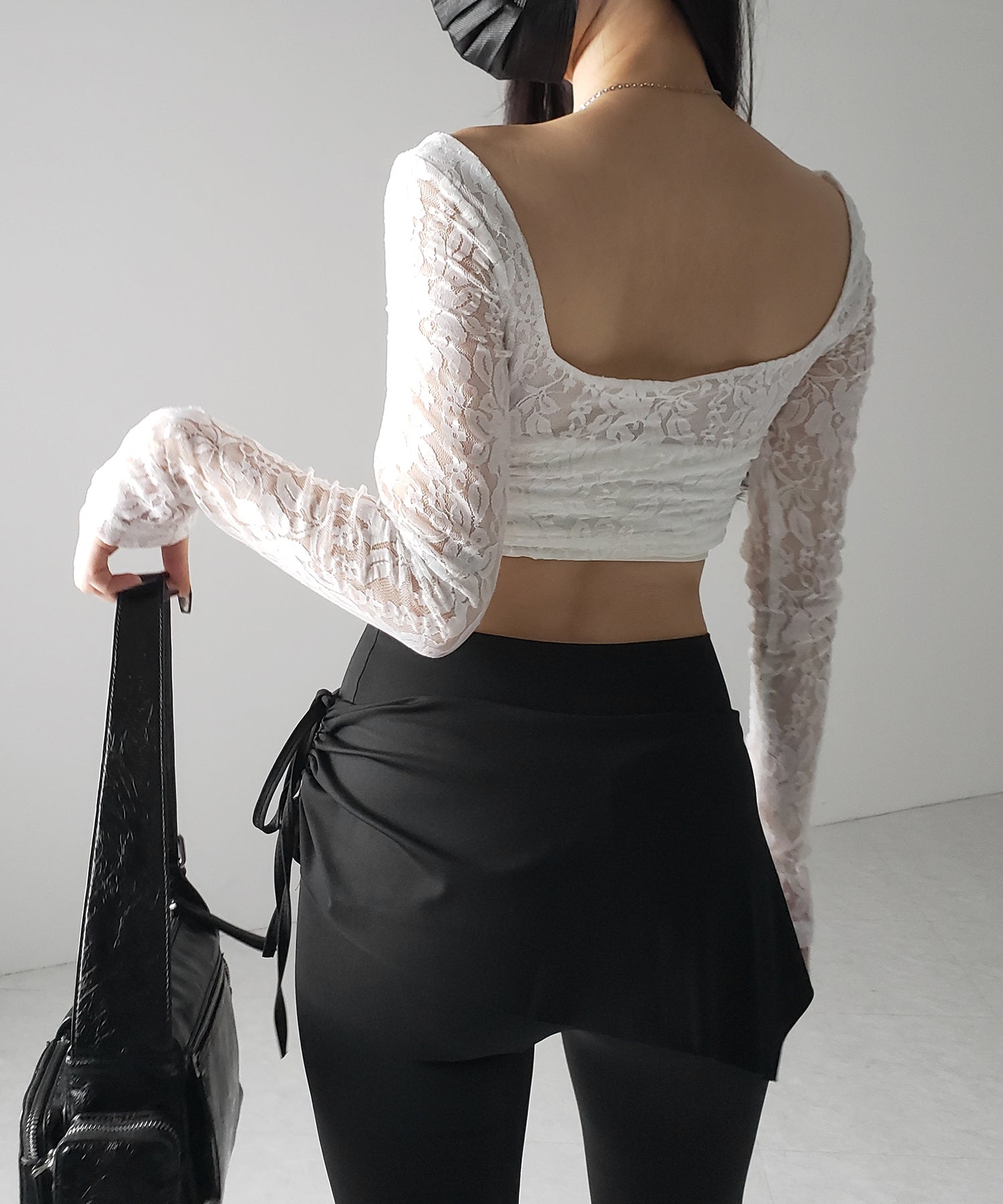 【 2color 】レースアップコルセットリボンショートレーストップス / laceup corset ribbon short lace tops