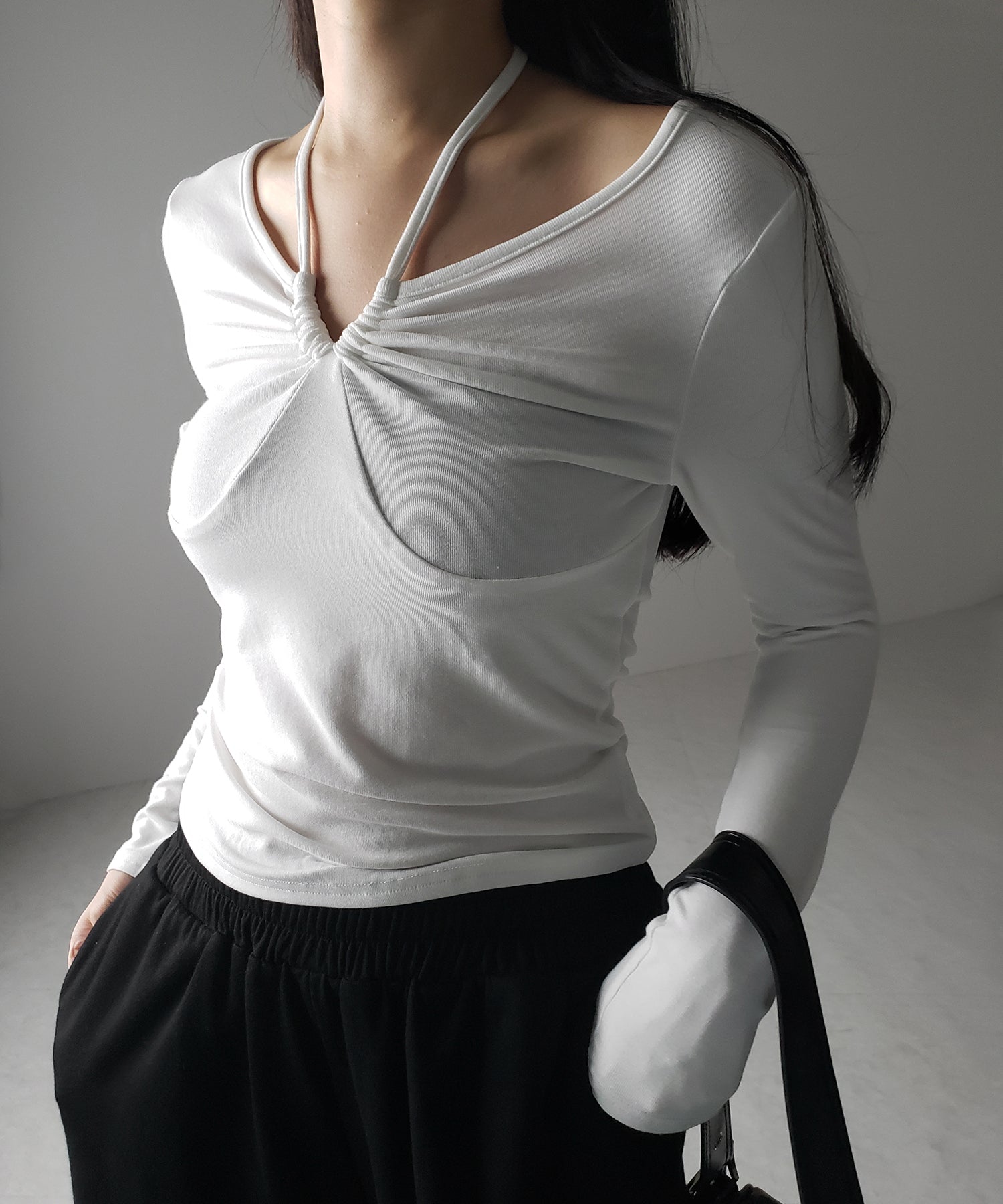 【 3WAY 】クロスストラップリボンギャザーカットソートップス / cross strap ribbon gather cutsew tops