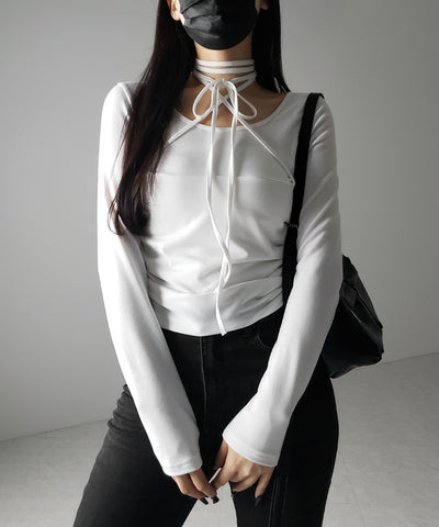 クロスストラップロングチョーカーリボントップス / cross strap long choker ribbon tops