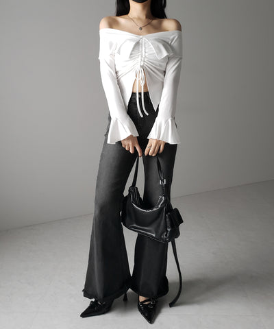 シャーリングフロントスリットオフショルトップス / shirring front slit offshoulder tops