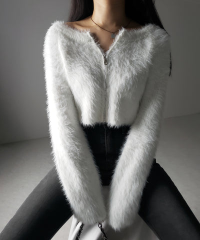 フロントジップショートシャギーニットカーディガン / front zip short shaggy knit cardigan