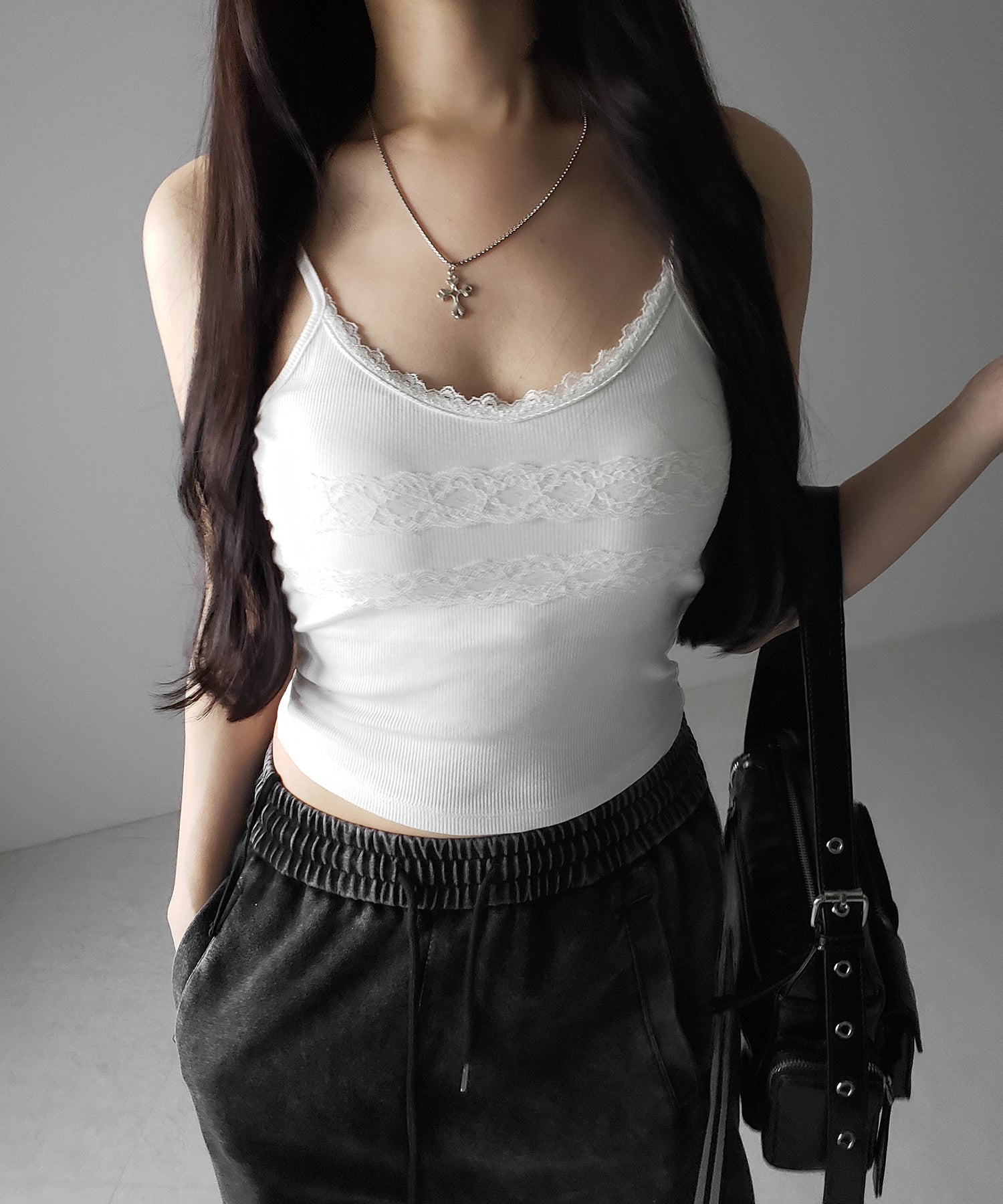 【 3color 】ダブルレース切替リブキャミソール / double lace switching ribbed camisole