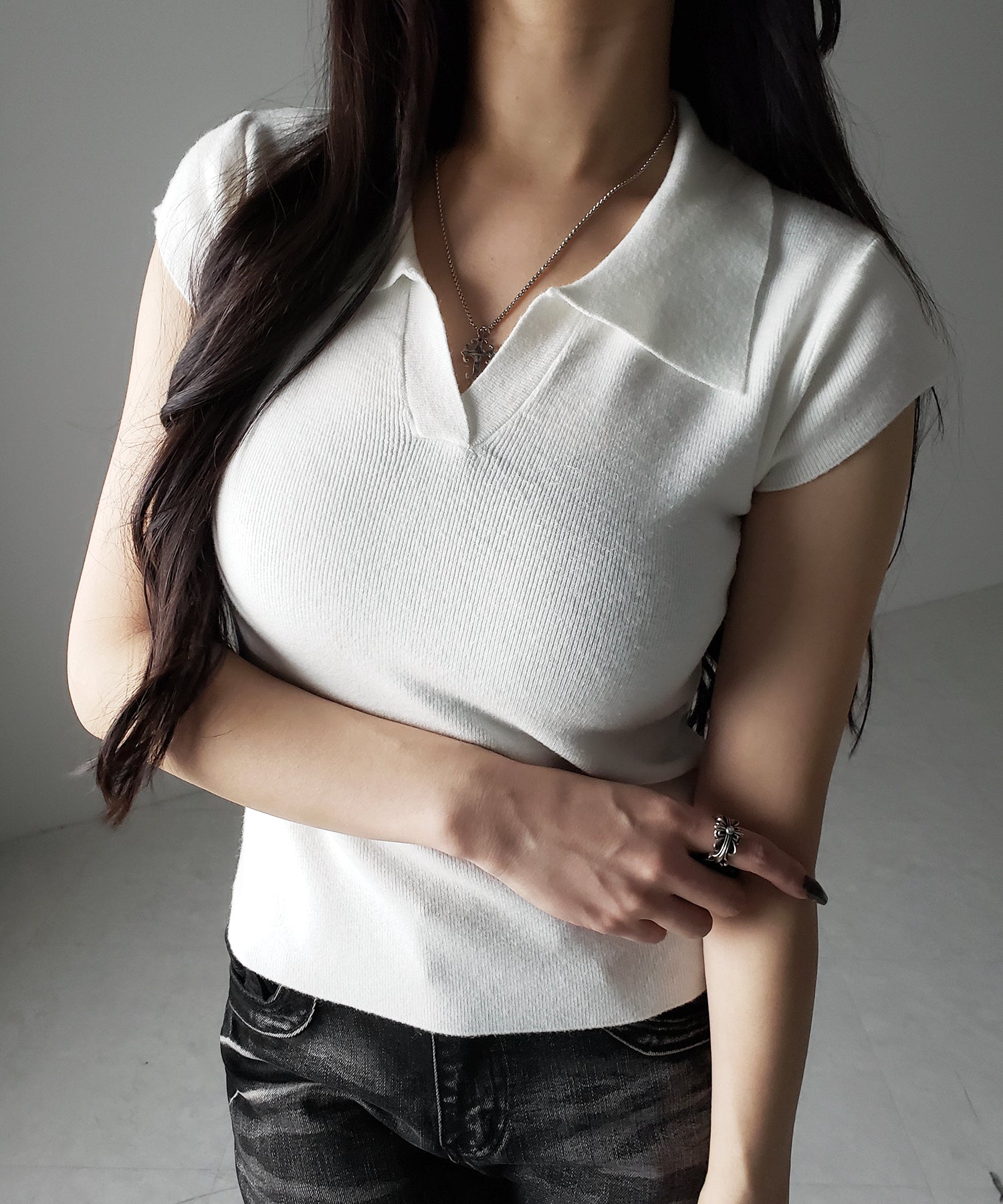 スキッパー半袖ニットトップス /skipper short sleeve knit tops