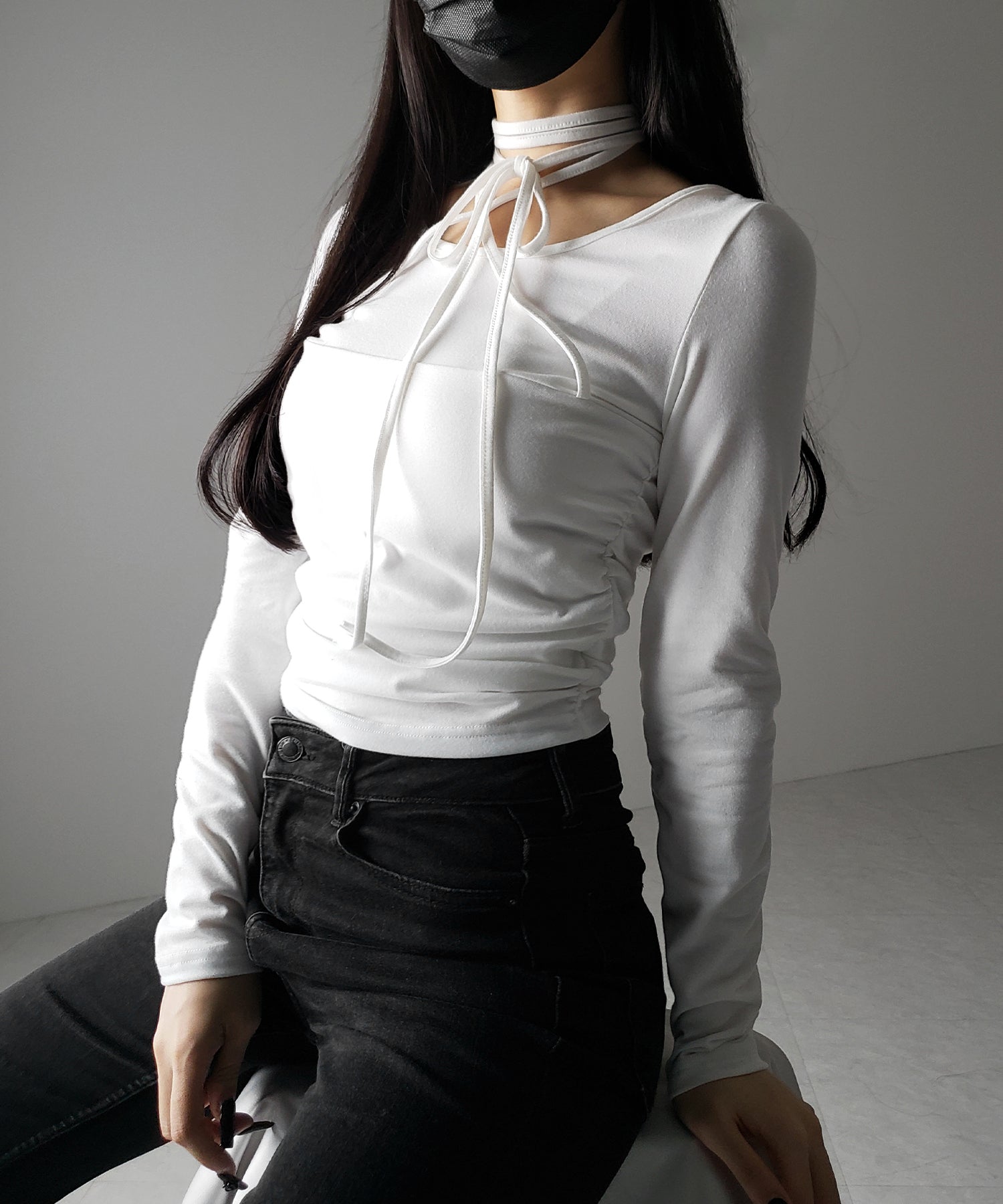 【 3color 】クロスストラップロングチョーカーリボントップス / cross strap long choker ribbon tops