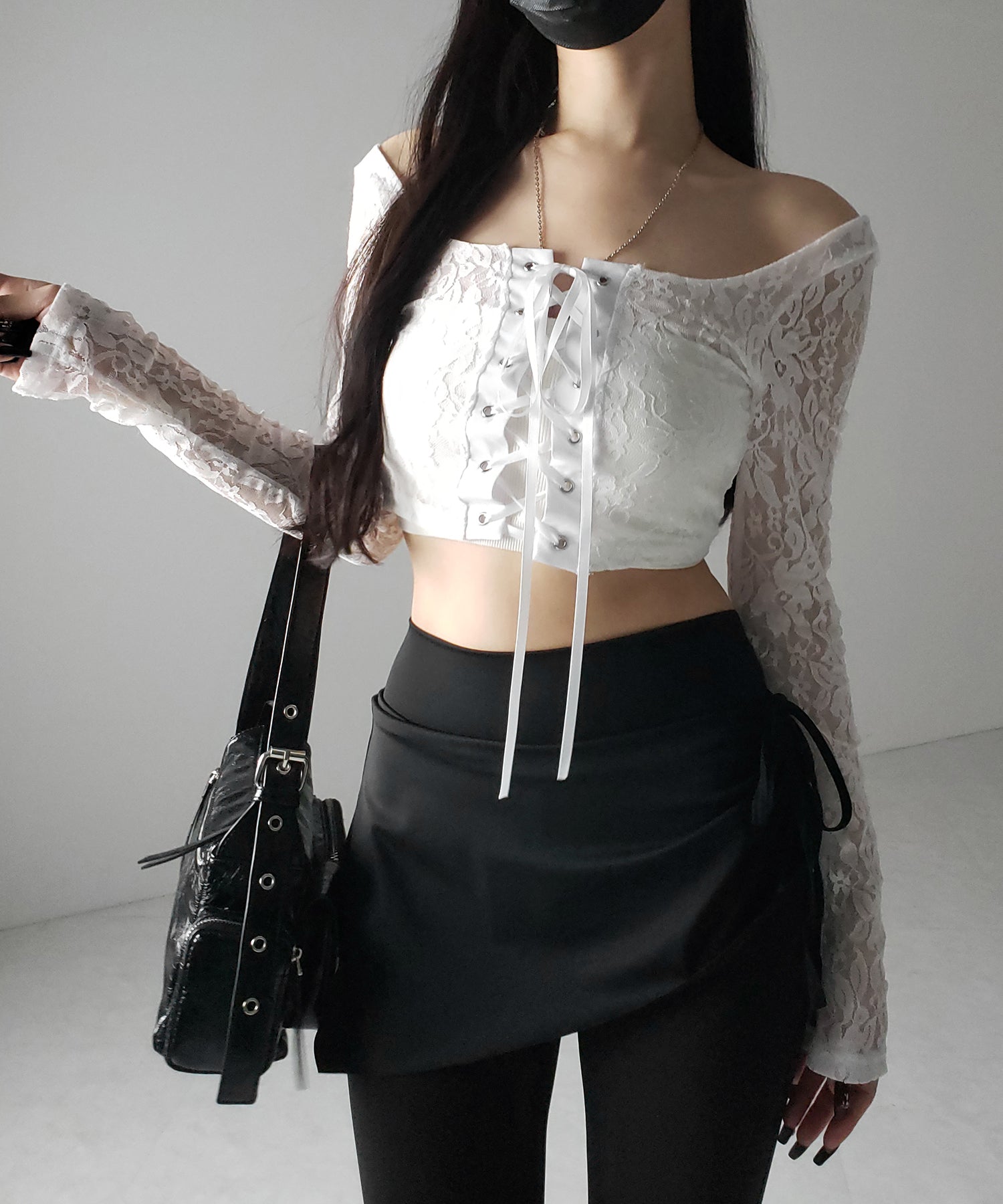 【 2color 】レースアップコルセットリボンショートレーストップス / laceup corset ribbon short lace tops
