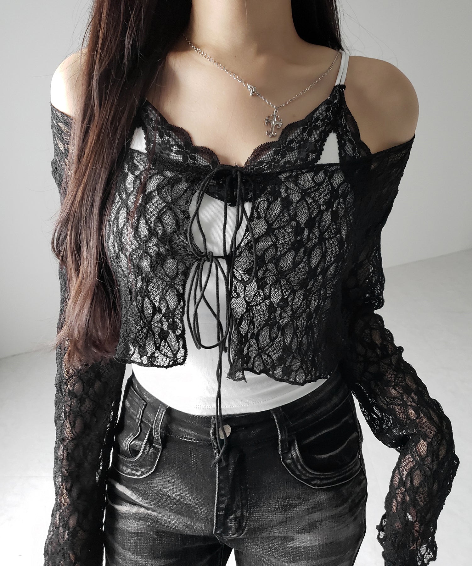 【 新色ピンク追加!カップ付き 】配色レースクロップドリブキャミソール / bicolor lace cropped rib camisole