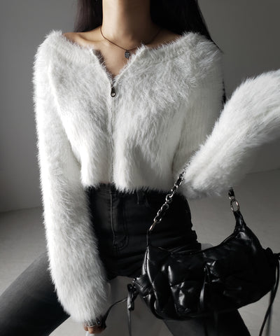 フロントジップショートシャギーニットカーディガン / front zip short shaggy knit cardigan